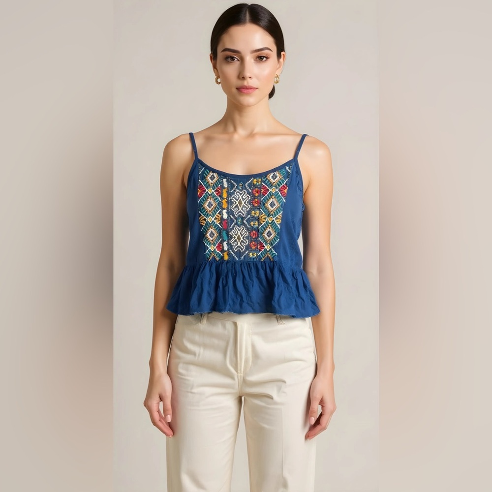 Ecote Navy Camisole with Colorful Embroidery
